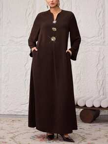 Al Najma Plus Size Women Metal Sun Decor V-Neck Loose Arabic Style Dress - Coffee Brown - View 2