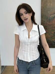 DAZY Women's Slim Fit Short Sleeve Solid Color Collared Blouse - White - View 1