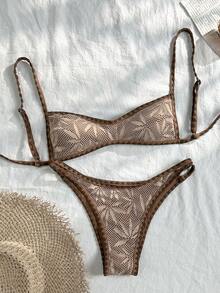 Swim Vcay 春夏针织提花无钢圈可调节吊带上衣和泳裤女士沙滩度假休闲泳装套装 - 棕色 - 查看 1