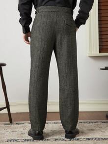 Core Aspect Pantalones casuales de hombre con cremallera, cinturón de cuero, textura de espina de pescado, pierna recta, pantalones de traje con pliegues, pantalones de vestir a rayas, pantalones de cintura alta para ceremonia - Multicolor - Ver 5