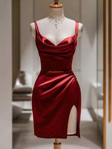 Franclia 酒红色缎面吊带连衣裙，收腰设计，开衩，优雅风格派对礼服，约会装，生日礼物 - 酒紅色 - 查看 1