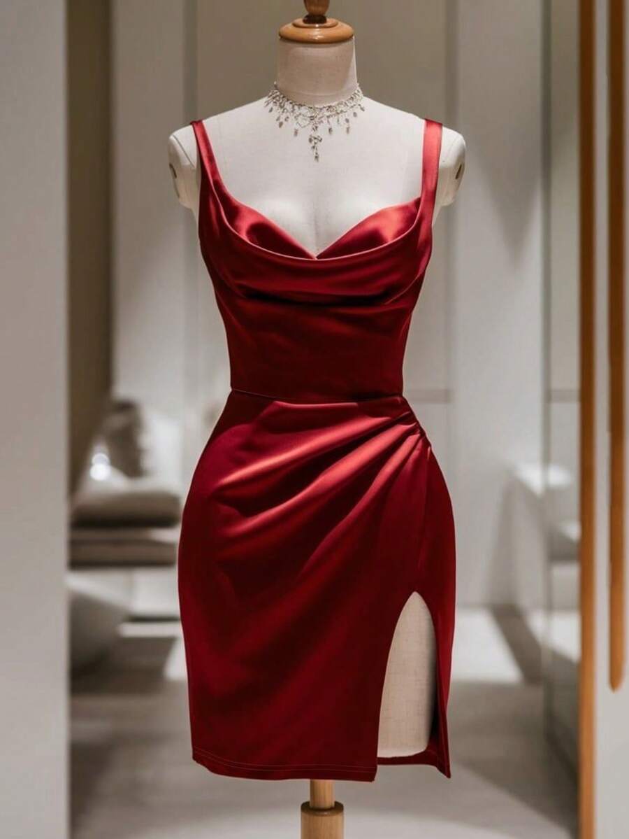 Franclia 酒红色缎面吊带连衣裙，收腰设计，开衩，优雅风格派对礼服，约会装，生日礼物 - 酒紅色 - 查看 1