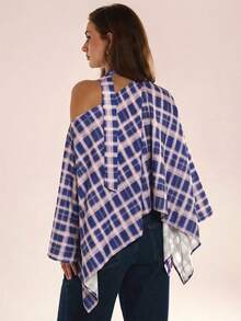 Avenya 女士格子不对称领休闲百搭日常衬衫 - 藍色 - 查看 4