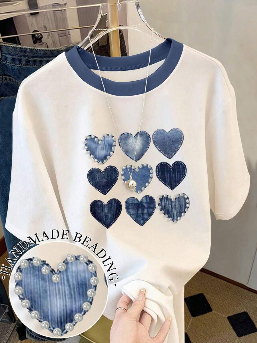 Resyla Women's Casual Heart-Shaped Denim Print Beaded Round Neck T-Shirt, Suitable For Daily And Formal Occasions - White - View 1