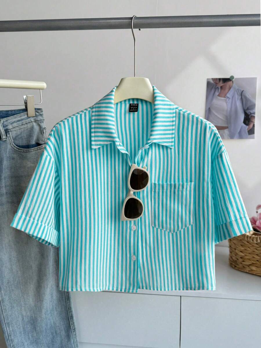Elamini 条纹短款宽松休闲女式宽松袖口衬衫，亚麻质感女式衬衫 - 彩色 - 查看 1