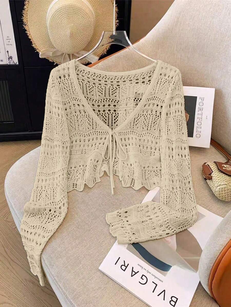 Franclia Áo khoác cardigan mỏng nhẹ, màu trơn, chất liệu ren móc rỗng, kiểu dáng đa năng dành cho nữ. - Lạc đà - Xem 1