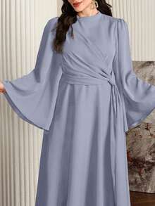 Modelyn Gaun Maxi Panjang Berkerah Syal untuk Wanita Ukuran Plus, Merah Tua Elegan - Grey - View 7