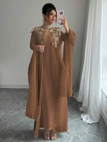 Rafferiza Elegante, digno y grácil conjunto de 2 piezas: vestido largo y chaqueta - Marrón - Ver 3