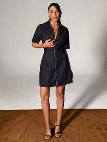 Summer Casual Front Zipper Denim Dress - Dark Wash - View 3