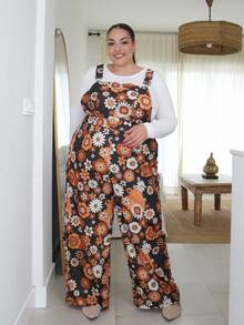 Pretty and Ole Plus Size Autumn/Winter Floral Print Elastic Waist Criss-Cross Jumpsuit, Elegant For Vacation, Date, Party And Casual Wear - Multicolor - View 6