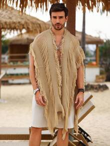 Genlund Cardigan décontracté avec décoration à franges pour homme grande taille, vacances - Nude - Voir 5