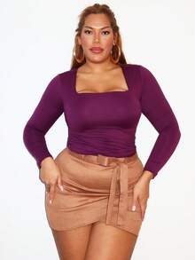 MelDlgn Plus Size Women Square Neck Long Sleeve Fitted T-Shirt, Autumn Fall Cloth For Women - Burgundy - View 1
