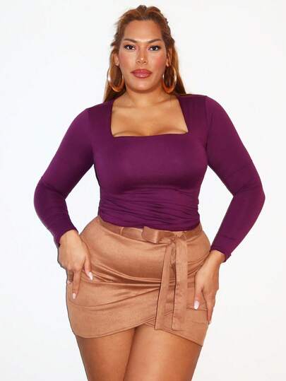 MelDlgn 大码女式方领长袖修身 T 恤，秋季