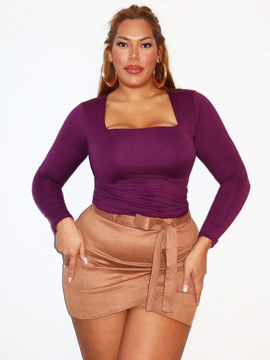 MelDlgn Plus Size Women Square Neck Long Sleeve Fitted T-Shirt, Autumn Fall Cloth For Women - Burgundy - View 1