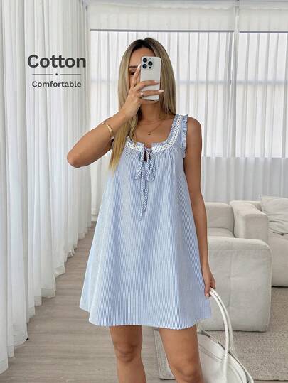 Easowa 方领荷叶边系带蕾丝拼接条纹A字娃娃连衣裙，休闲宽松优雅通勤复古风度假春夏女装