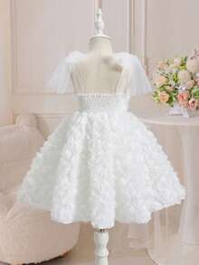 Vestido de niña con tirantes de malla y flores 3D - Blanco - Ver 2
