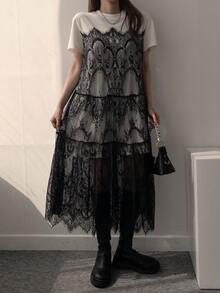 DAZY Women's Round Neck Lace Patchwork Short Sleeve A-Line Midi Dress, Korean Style Sundress Summer - Black and White - View 7