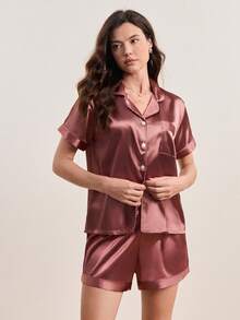 缎面翻领纽扣前部撞色绑带睡衣套装 - 鏽棕色 - 查看 4