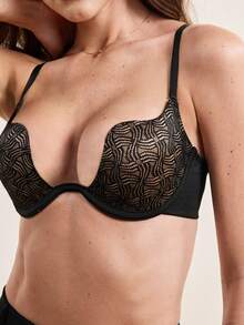 Hourtrue 女士细肩带露背印花时尚罩杯文胸 - 黑色 - 查看 7