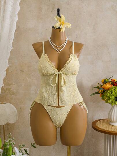 Swim Mod 简约可爱蕾丝面料纯色吊带长款泳衣上装和侧系带三角泳裤两件套