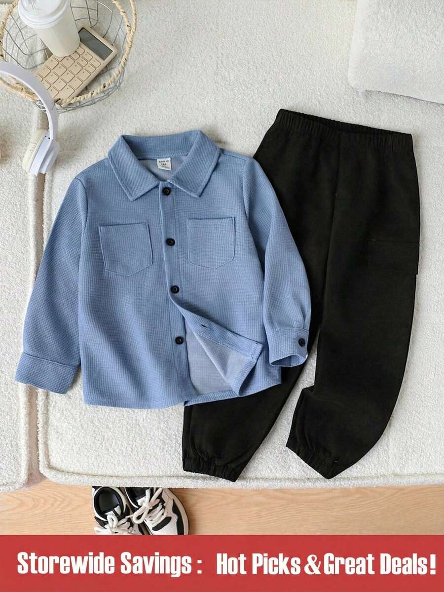 SHEIN Explorewe 2 件套年轻男孩休闲纯色华夫格纹理长袖纽扣衬衫和裤子套装,适合日常休闲户外穿着,春秋季返校季 - 淺藍色 - 查看 1