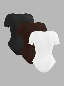 SHEIN EZwear 3件套女士纯色方领休闲百搭短袖连体衣 - 彩色 - 查看 2