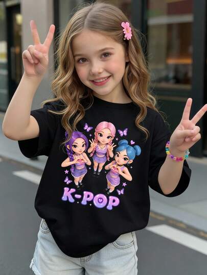 Camiseta básica corta de verano y primavera para niñas y jóvenes, con estampado casual y minimalista de personajes de grupos virtuales, mariposas, estrellas, corazones y lemas. Cómoda para el uso diario, adecuada para primavera, verano y otoño.