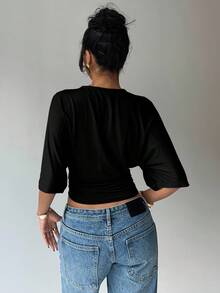 Aloruh Áo croptop nữ màu trơn cổ tròn tay cánh dơi thiết kế nhún bèo thời trang - Nhiều màu - Xem 2