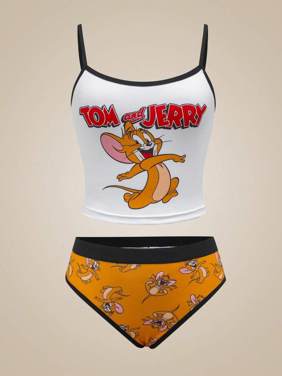 TOM & JERRY X SHEIN Ensemble de soutien-gorge et camisole imprimé de dessin animé pour femmes - Blanc - Voir 1
