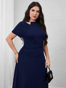 Modelyn Plus Size Women Solid Color Hollow Out Design Short Sleeve Ruffle Elegant Dress - Navy Blue - View 3