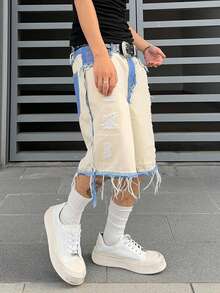Manfinity EMRG Men Plus Size Summer Casual Contrast Color Frayed Ripped Loose Wide Leg Denim Shorts - Apricot - View 6