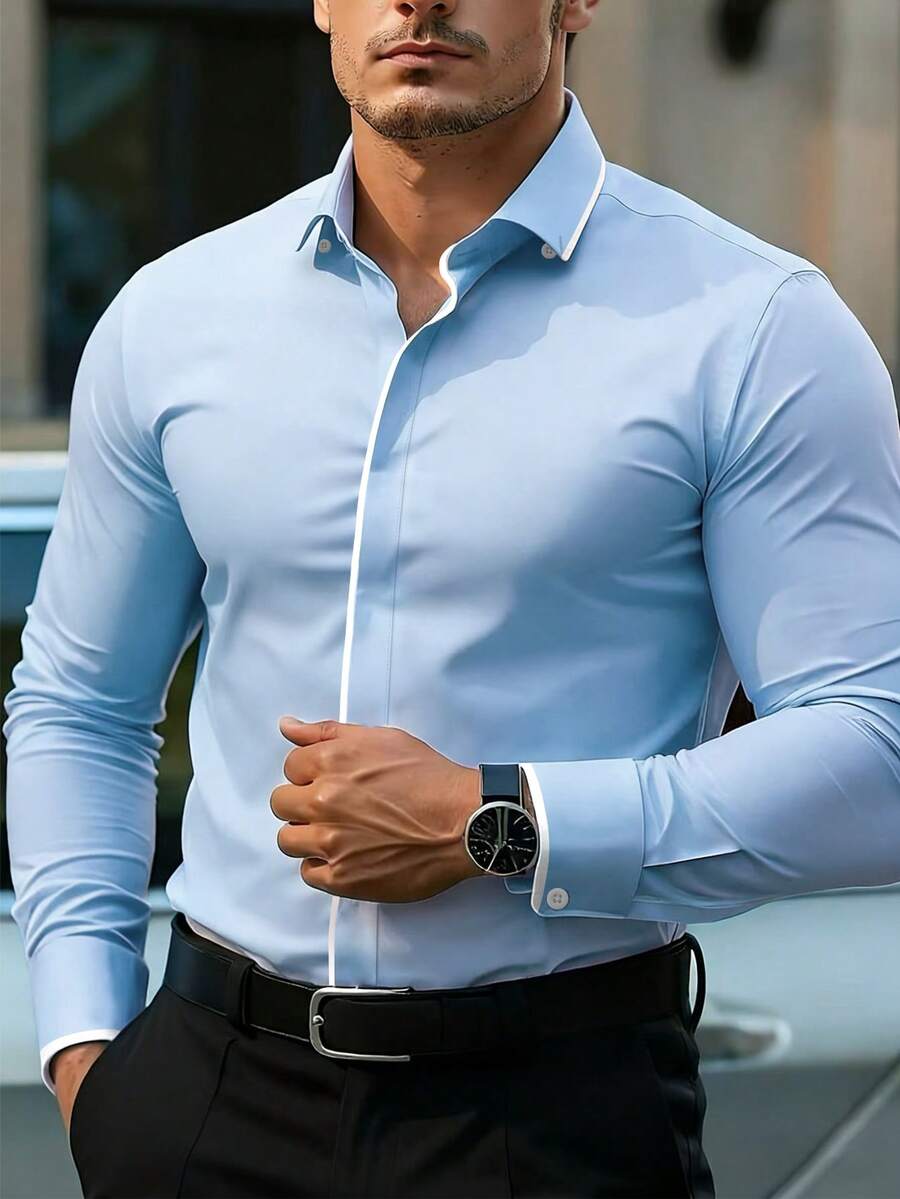Calvornis 男士商务休闲浅色拼接设计长袖衬衫,正式场合 - 淺藍色 - 查看 1