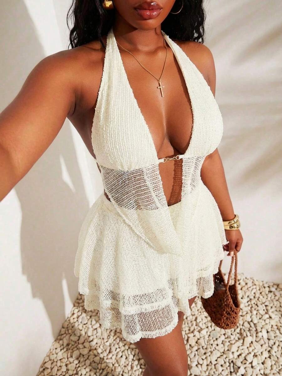 SHEIN SXY 大码性感露背吊带上衣和迷你裙两件套，夏季