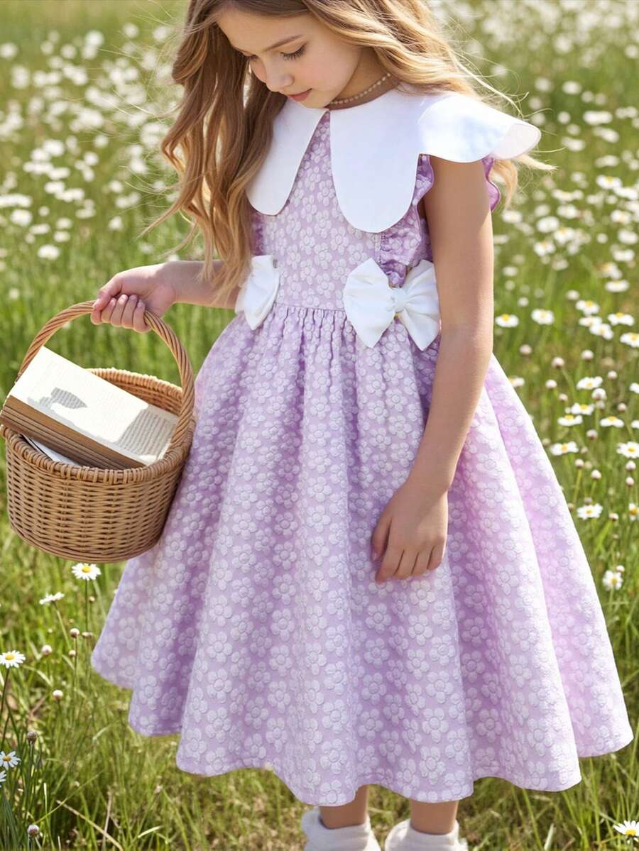1pc Girls Lavender Fairy Summer Wedding Guest Dress,Textured Fabric Floral Asymmetrical Neckline Waist Big Bow Frill Trim A-Line Countryside Style - Purple - View 1
