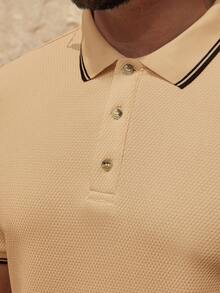 Manfinity Homme 男士条纹短袖休闲通勤 Polo 衫 - 卡其色 - 查看 3