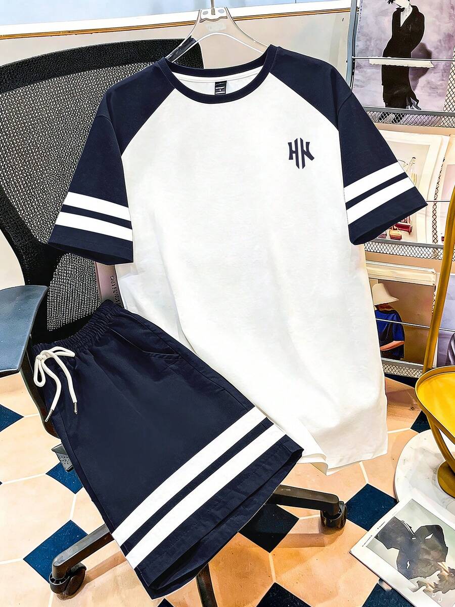 Manfinity Joysei 男士休闲撞色T恤短裤套装，夏季 - 彩色 - 查看 1