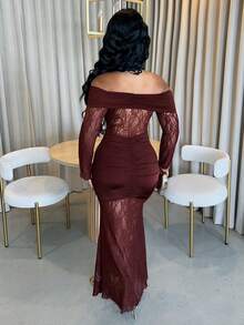 Dayanna Comas Women's Elegant Lace Patchwork Maxi Mermaid Dress, Off Shoulder Backless Formal Gown, Sexy Sheer Long Sleeve Dress, Suitable For Dates, Gatherings, Birthdays, Parties, Graduations, Cocktail Events, Wedding Guests, Formal Occasions;Gala Night;Gown For Prom Night - Coffee Brown - View 2