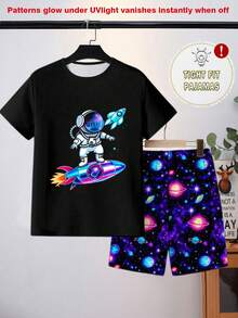 男童夜光宇航员火箭印花睡衣套装，2件套 - 贴身睡衣（需紫外线照射） - 黑色 - 查看 5