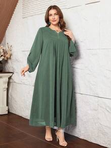 Lacomfia Women's Loose Pleated Long Sleeve Elegant Comfortable Minimalist Plus Size Dress - Green - View 5