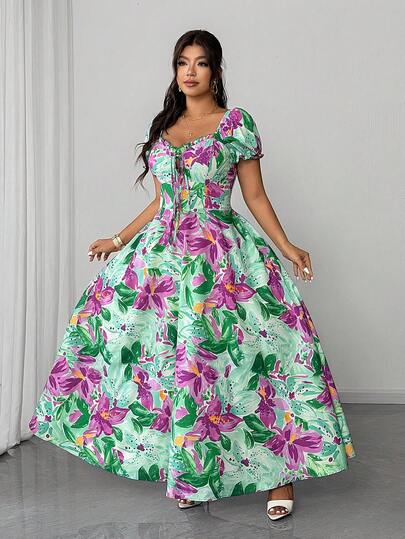 Elenzga Sexy Hollow Strap Ruffle Hem Short Sleeve Beach Vacation Plus Size Dress