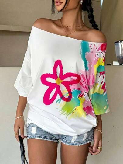Jouncy Women's Floral Print Off-Shoulder 3/4 Sleeve Loose T-Shirt