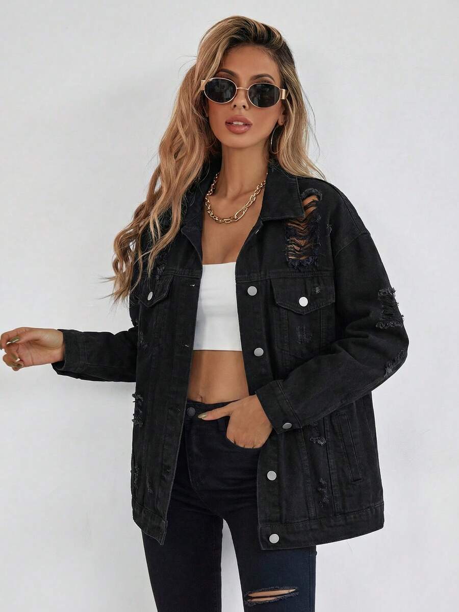 Selenza Button Blue Front Flap Pocket Drop Shoulder Denim Jacket - Black - View 1