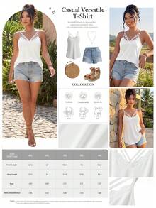 Elenzga Plus Size Summer Casual Solid Color Contrast Lace Hollow Out Camisole - White - View 2