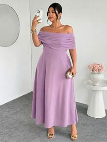 Firerie Plus Size Women's Elegant Minimalist Sophisticated Romantic Fashion Sexy Lady Holiday/Work Occasion Off-Shoulder High Waist A-Line Long Dress - Mauve Purple - View 4