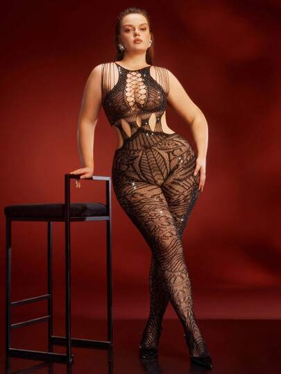 EmpressEnvy 无缝水钻闪亮镂空连体紧身衣，图案迷人连体裤，适合化妆派对、酒吧派对、夜店装扮、音乐节，大码内衣