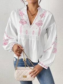 SHEIN LUNE Women's Shirred Graphic Print Long Sleeve Button Shirt Peplum Top - Pink - View 6