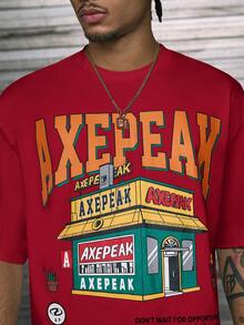 Men's Round Neck AXEPEAK Front Print Short Sleeve T-Shirt - Red - View 4