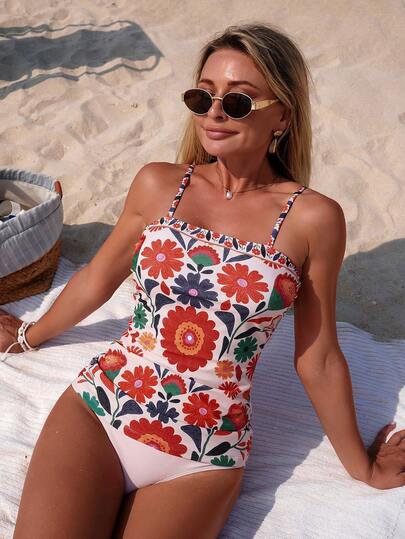 Swim Lushoire 2pcs Women's Floral Print Bohemian Fashion Summer Beach Vacation Tankini