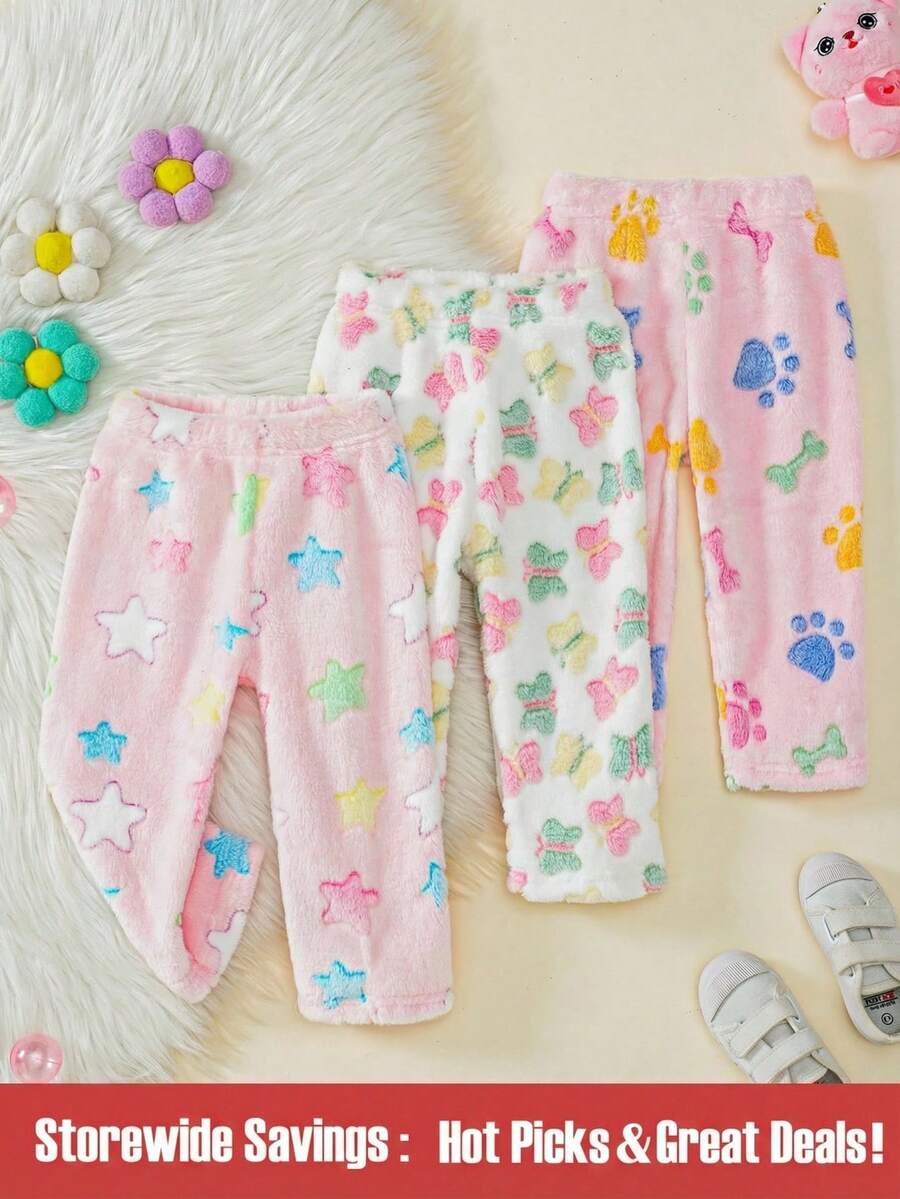 SHEIN 3 件套女婴毛绒爪印、星星、小狗和小猫图案保暖内衬裤，适合居家和户外，秋冬季 - 彩色 - 查看 1