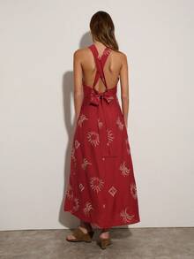 Nöista Women's Vacation Halter Neck Embroidered Crisscross Dress - Red - View 2